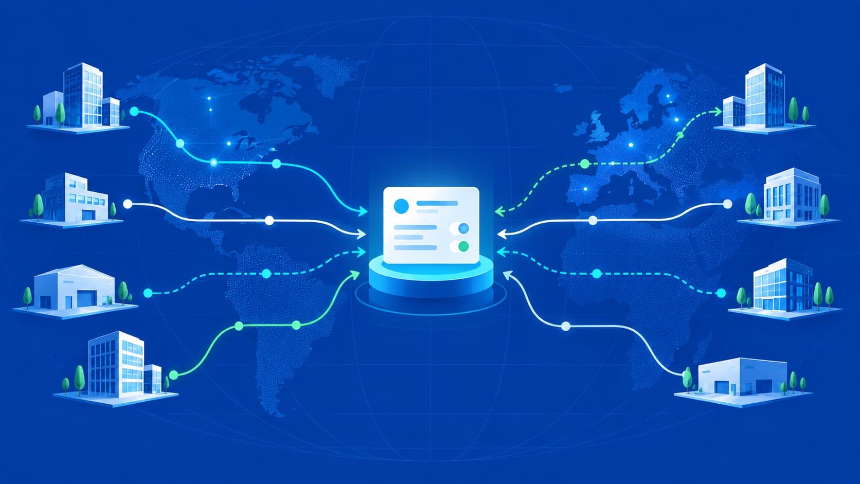 Rotas de pagamentos conectam empresas nas Américas e na Europa a uma plataforma global sobre o fundo azul da TroqPay.