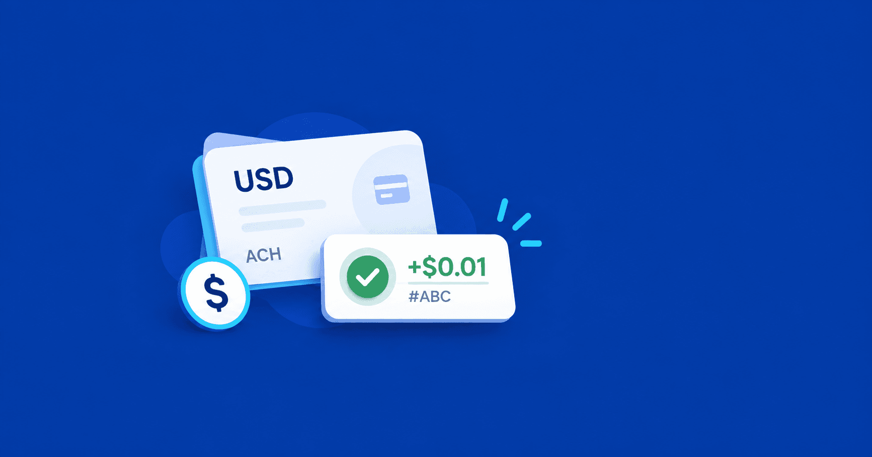 Conta virtual em USD mostra um microdepósito de US$ 0,01, código de verificação e confirmação sobre o fundo azul da TroqPay.